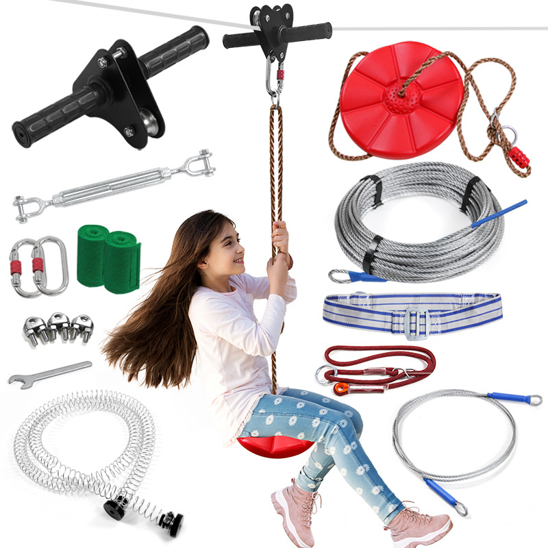 Outdoor Adventure Zipline - Kinder-Seilrutschset mit Scheibenschaukelsitz, Garten-Spielplatz-Seilrutsche, Kabelset, Sicherheitszubehör,